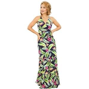 Tropical sleevless maxi dress criss cross straps size medium